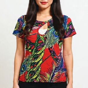 Voile Vibrant Red Green Peacock Print Hey Hole Neckline Detail Women's 8 Top